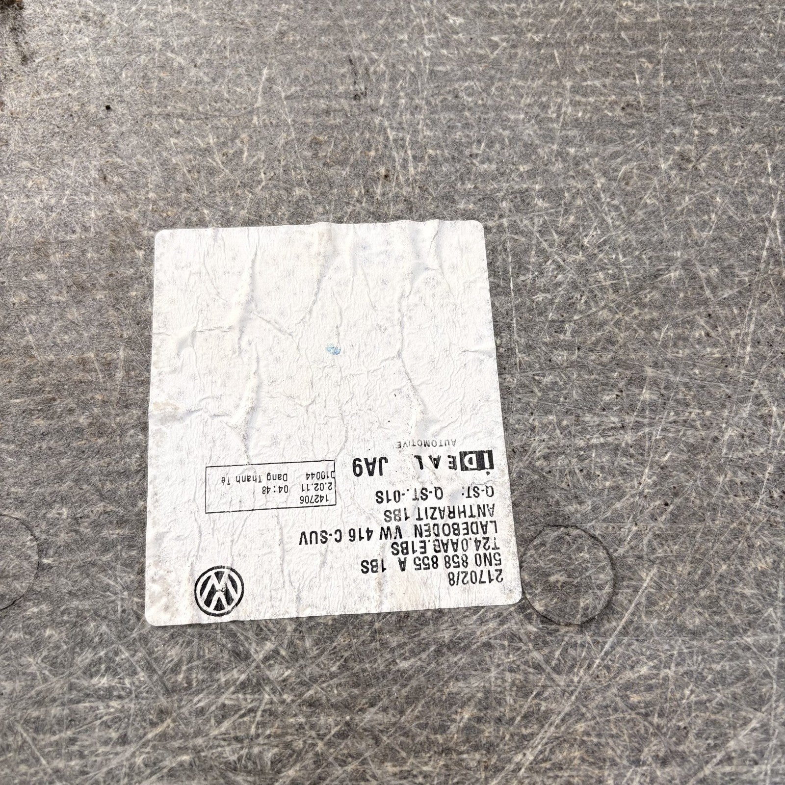 Volkswagen VW Tiguan 5N Boot/Trunk Floor Carpet Loading Panel Grey 5N0858855A