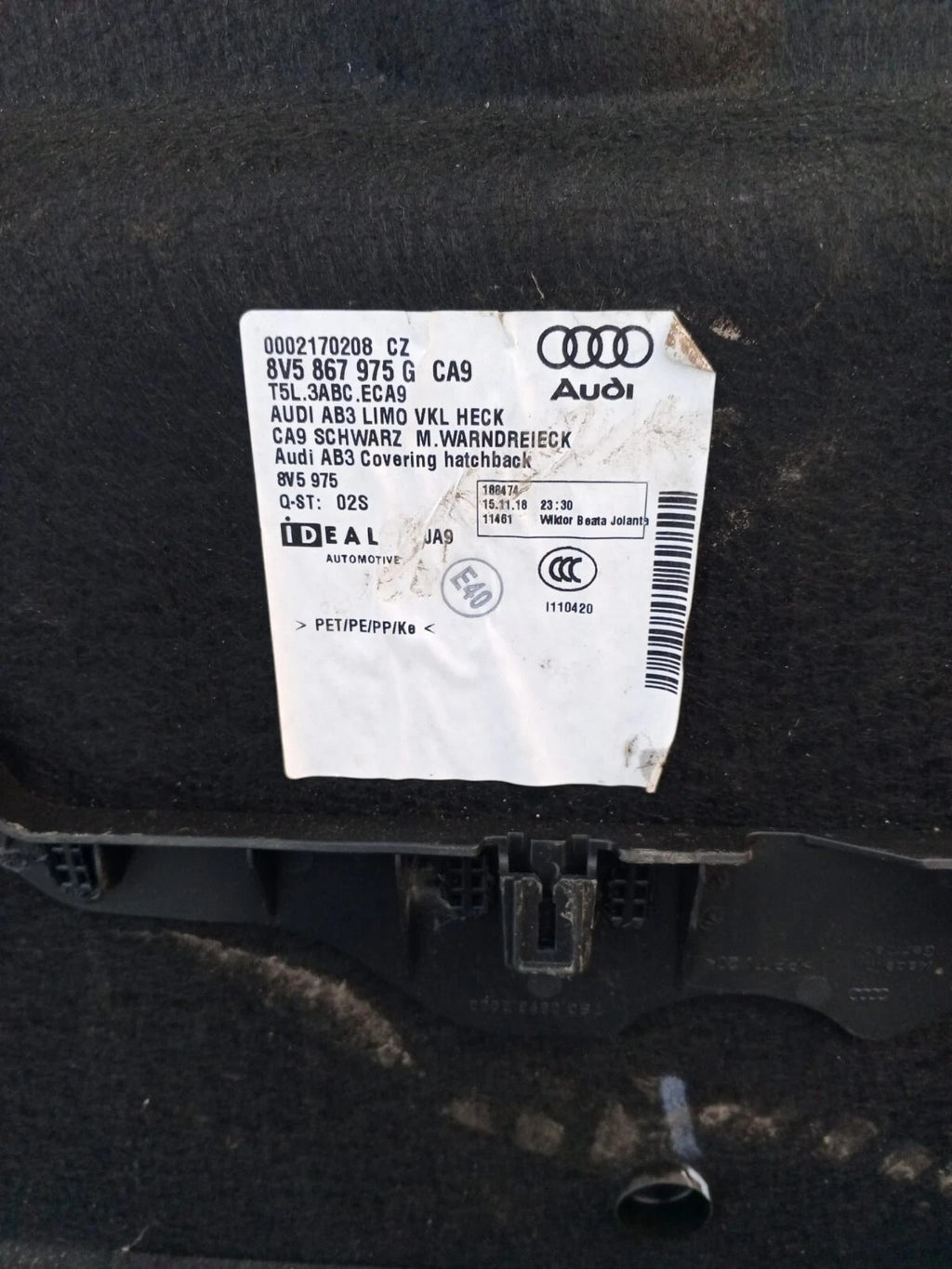 Audi A3 8V Saloon Bootlid Interior Trim Panel 8V5867975G CA9 2013-2020