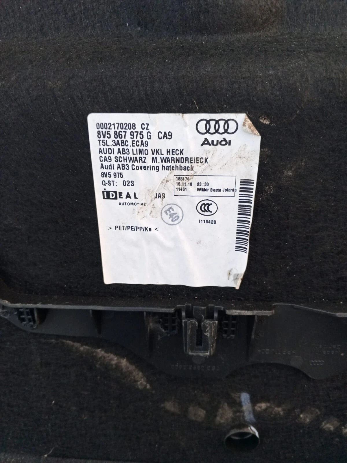 Audi A3 8V Saloon Bootlid Interior Trim Panel 8V5867975G CA9 2013-2020