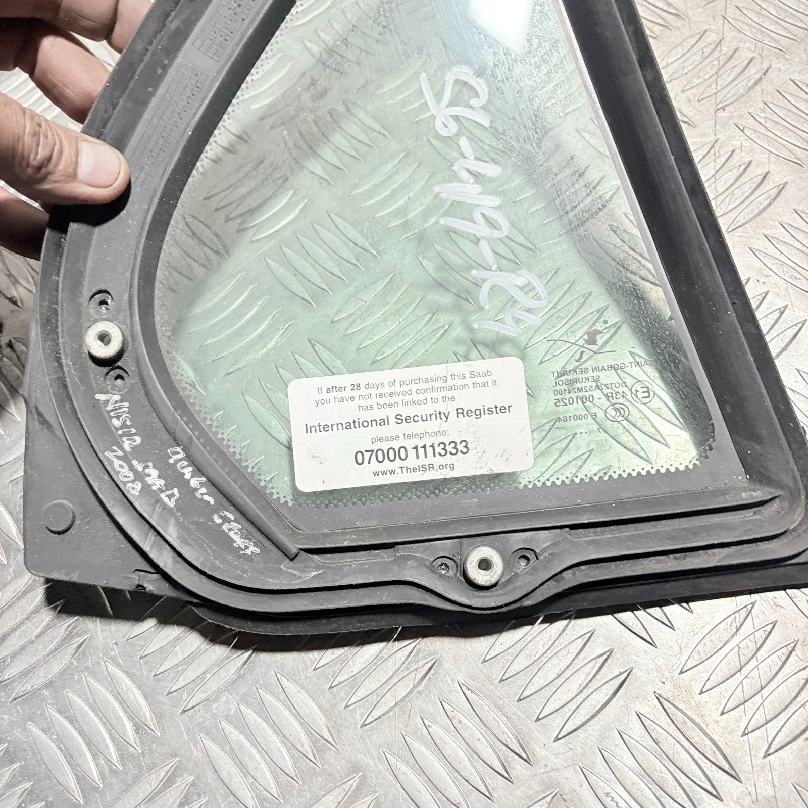 SAAB 2008 LEFT REAR PASSENGER NEARSIDE QUARTER WINDOW